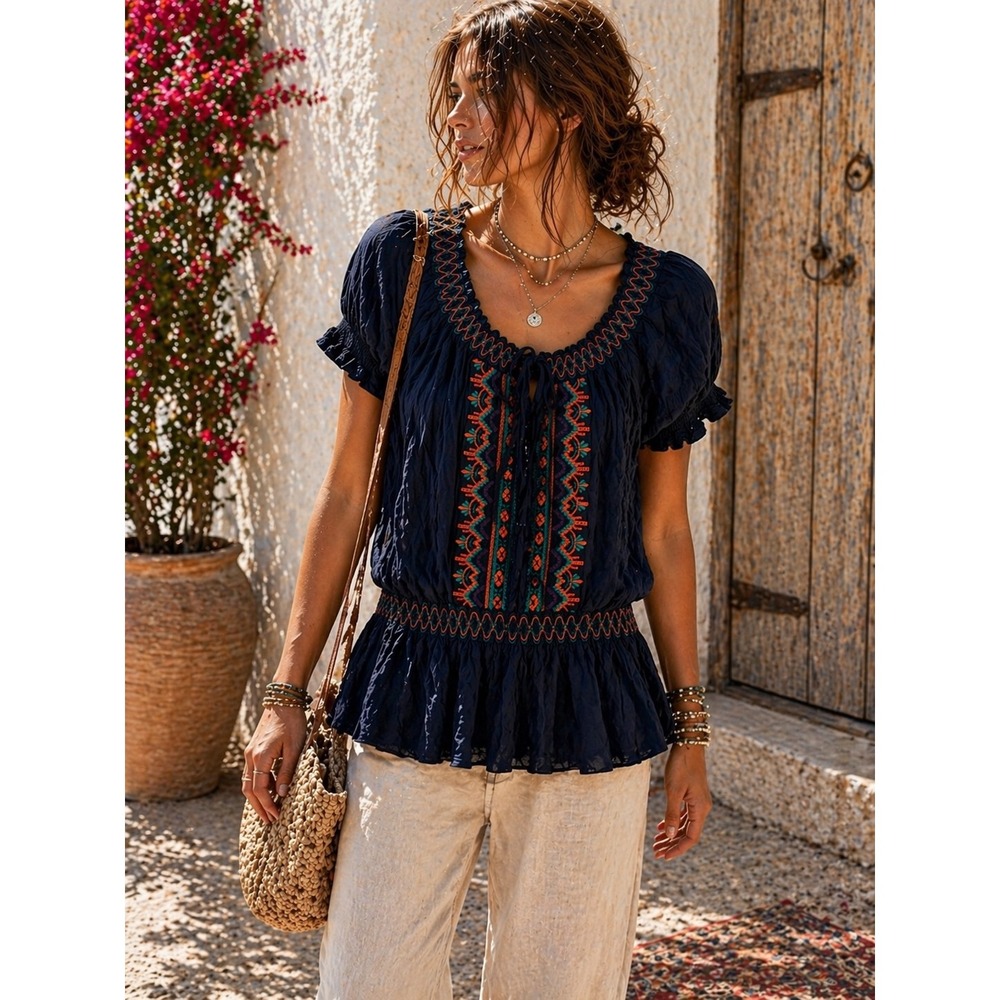 CIEL USA Blouse Womens Small Navy Embroidered Boho Smocked Peasant Y2K Fairy Top